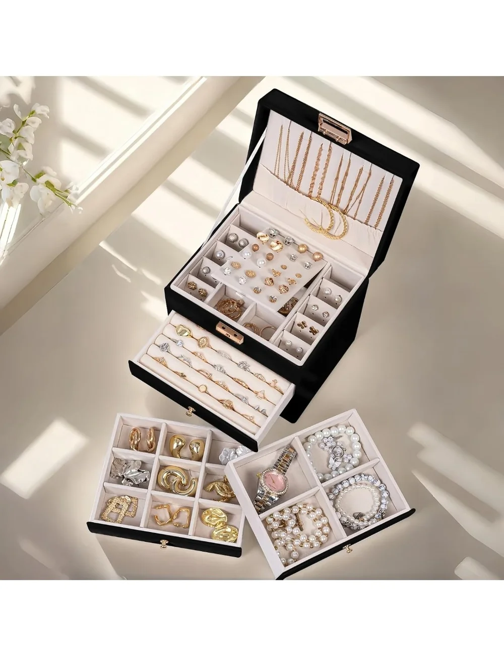 Black Jewelry Box with Cream Interior - Elegant Multi-Tier Organizer